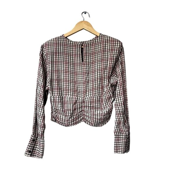 Zara‎ Plaid Cropped Top Size L Preppy Dark Academia Ruched Office Scalloped Hem - Picture 7 of 12